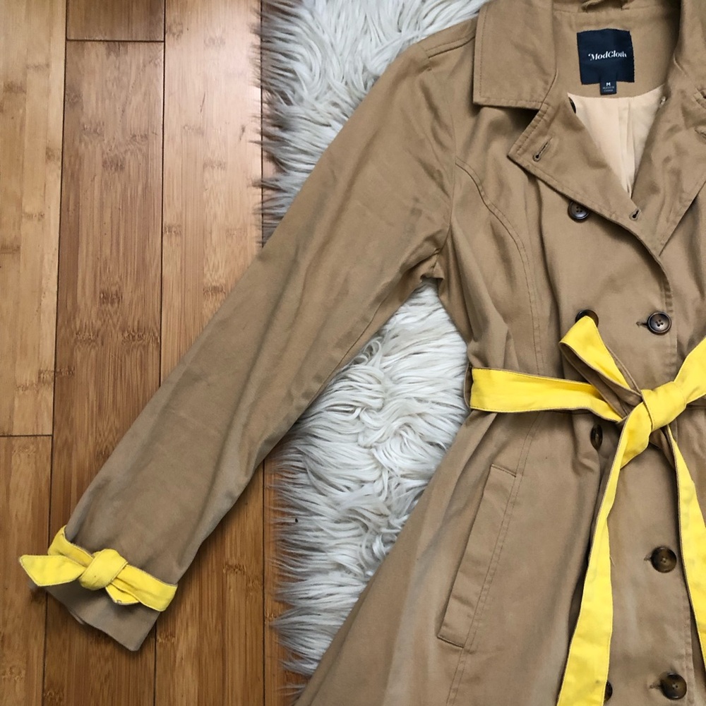 ModCloth Colorblock Contrast Double Breasted Pleated Tan Yellow Trench Coat M - Picture 7 of 16